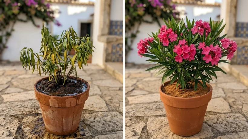 Mãos a misturar borras de café secas com terra e composto num vaso com um oleandro.